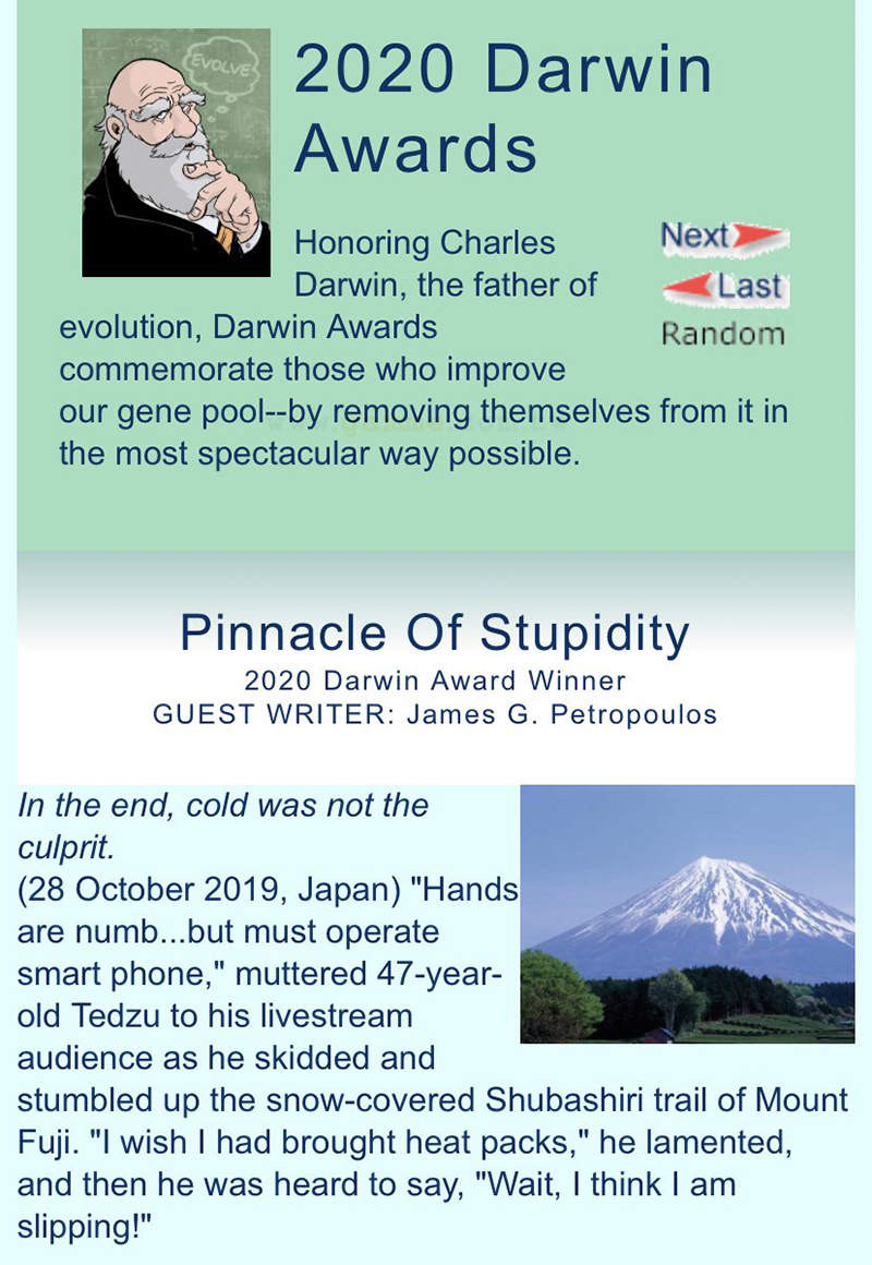 蠢蛋死光人類就進化了 《2020達爾文獎》頒給爬富士山開直播摔死日男（圖/翻攝自Youtube）