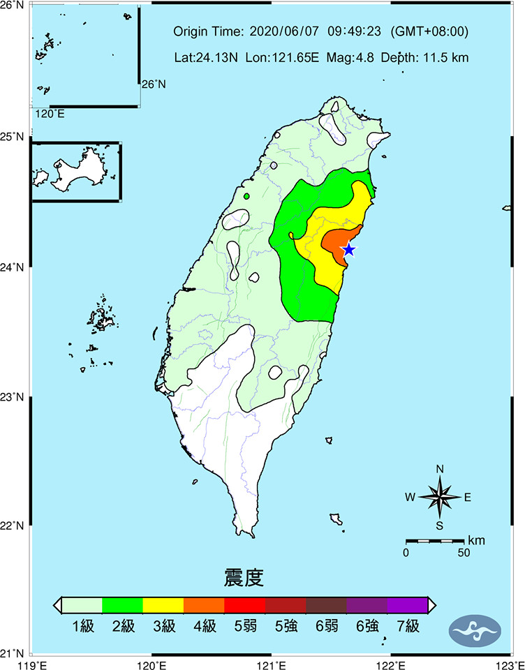 ▲▼花蓮4.8地震震度圖 。（圖／翻攝氣象局地震中心）