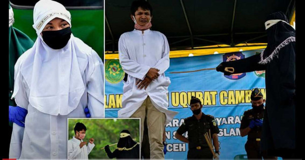 印尼亞齊省有一對小情侶，因為還沒結婚就偷嘗禁果，被規定要先量體溫、戴口罩，再接受「鞭刑」處罰。（圖／翻攝自YouTube）