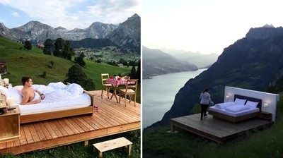 夢幻過頭花八千「睡外面」　瑞士絕景飯店沒牆沒屋頂　只一張床在懸崖邊