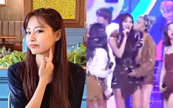 子瑜（左圖）透露成員在《人氣歌謠》安可舞台時吻她，臉上印子都還在。（翻攝VLIVE、KBS）