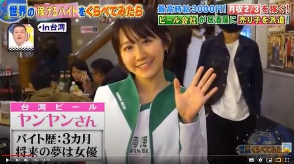 日本綜藝節目採訪台灣「酒促小姐」。（翻攝自モーニングショーTV YouTube）