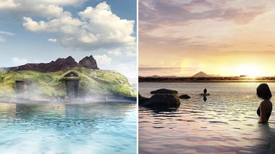 冰島絕美「70公尺溫泉瀉湖」直連海水三溫暖！　蒸氣瀰漫在夕陽斜光裡