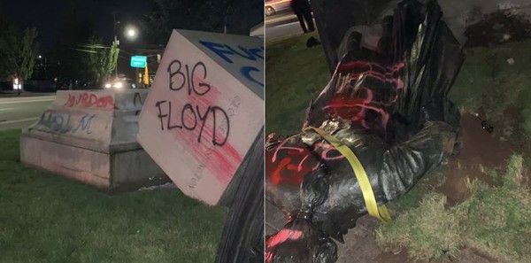 ▲德裔美國人協會草坪上的華盛頓雕像，被示威者推倒在地上(右)。（圖／翻攝自推特@tuckwoodstock）