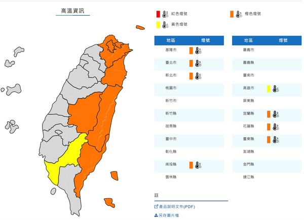 ▲▼高溫燈號。（圖／翻攝中央氣象局）