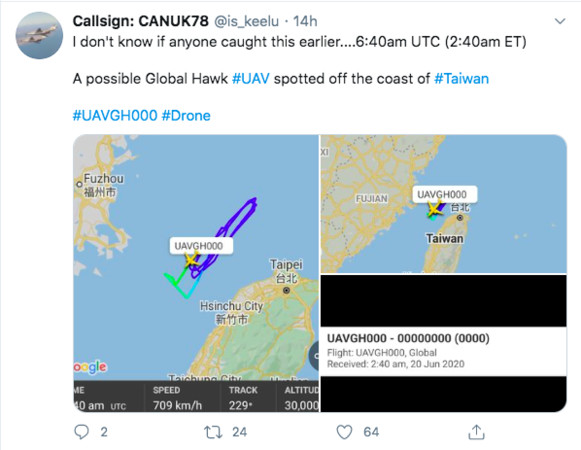 ▲▼疑似美軍呼號UAVGH000的全球鷹無人機，20日下午出在北部海峽中線空域。（圖／Callsign：CANUK78推特）