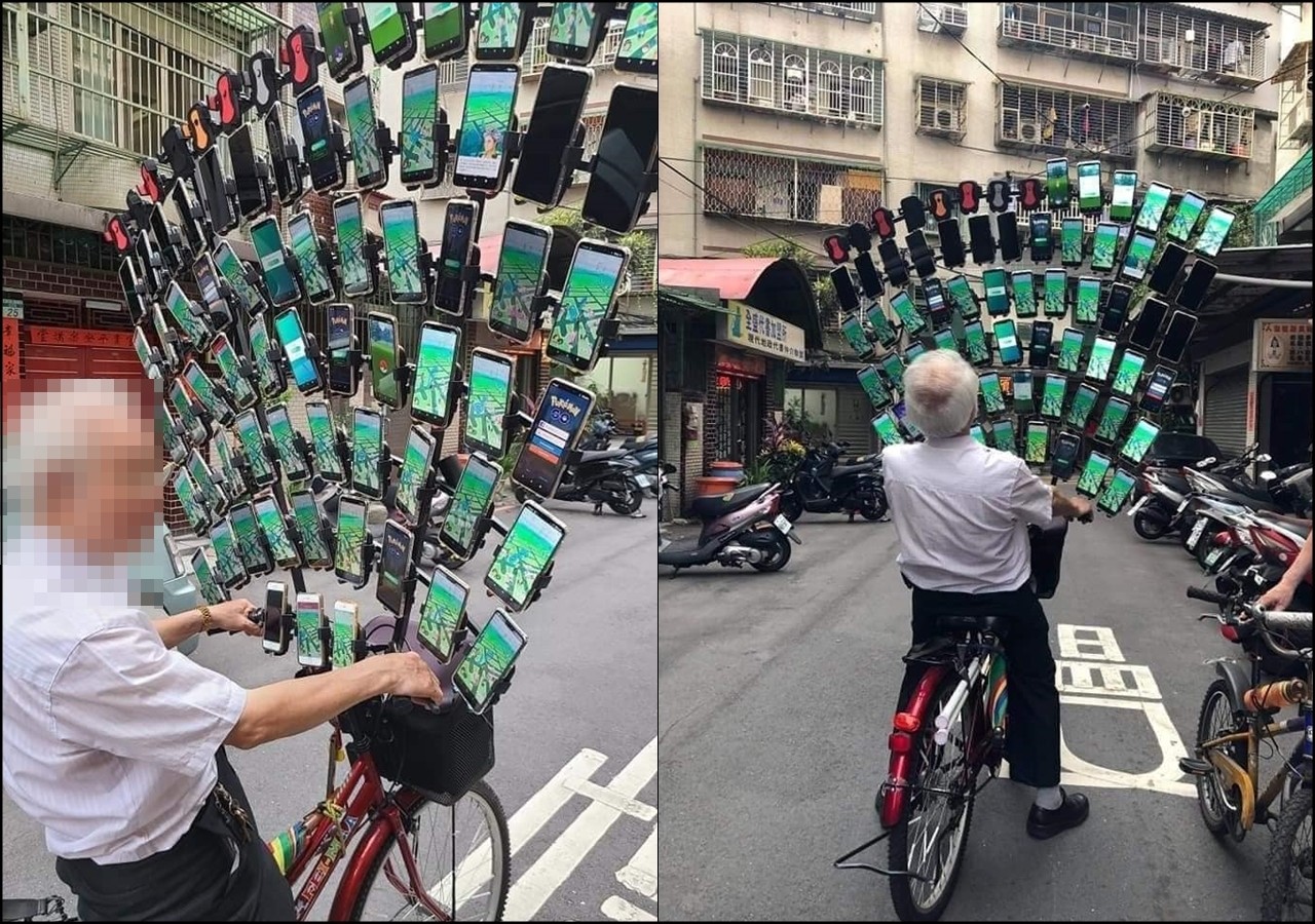 ▲▼「寶可夢阿伯」無極限！ 64支手機裝腳踏車上霸氣開屏。（圖／網友林嘉雯授權使用）