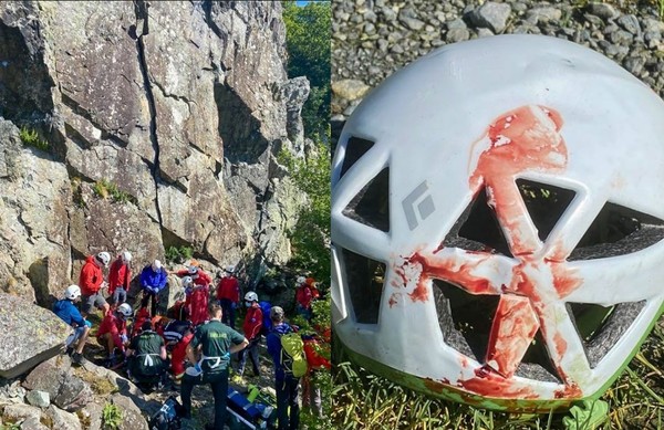 19歲少年慘墜8公尺山崖　「白色安全帽染滿血」奇蹟救他一命。（圖／翻攝自Facebook／Keswick Mountain Rescue Team）