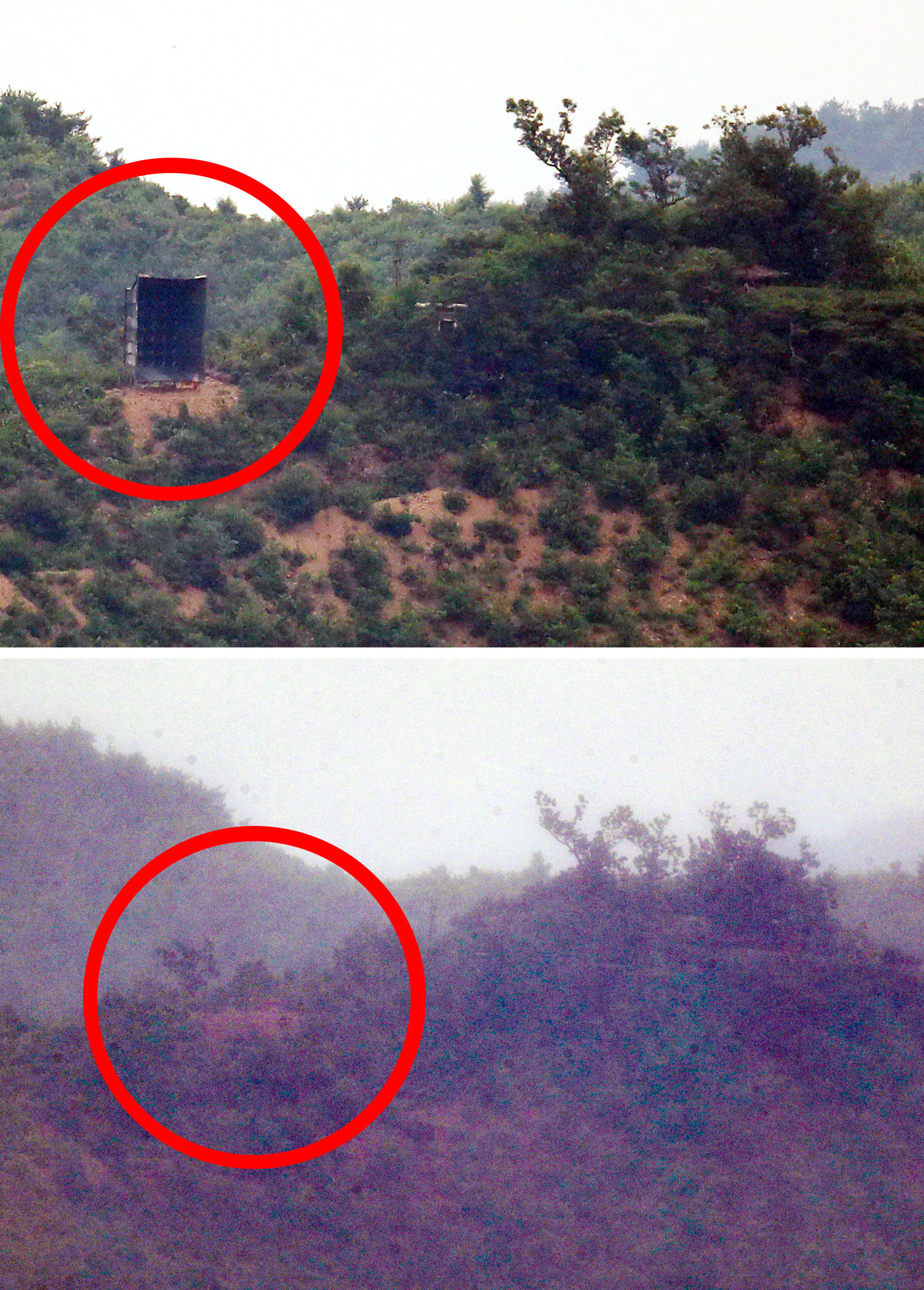 ▲▼北韓拆除邊境喇叭前後對照圖。（圖／達志影像）