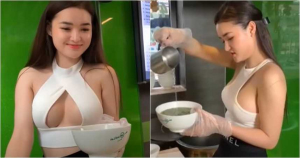 有間名叫「吃了記住」的越南小吃店，店員穿著火辣煮河粉，讓客人看了大噴鼻血。（圖／翻攝YouTube）