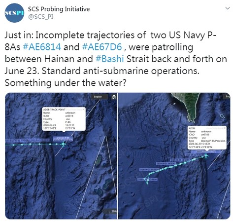 ▲美國海軍2架P-8A海神式偵察機來回偵查巴士海峽及海南島間空域。（圖／翻攝自Twitter／SCS Probing Initiative）