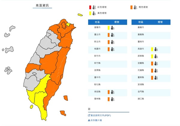 ▲▼高溫燈號。（圖／翻攝中央氣象局）