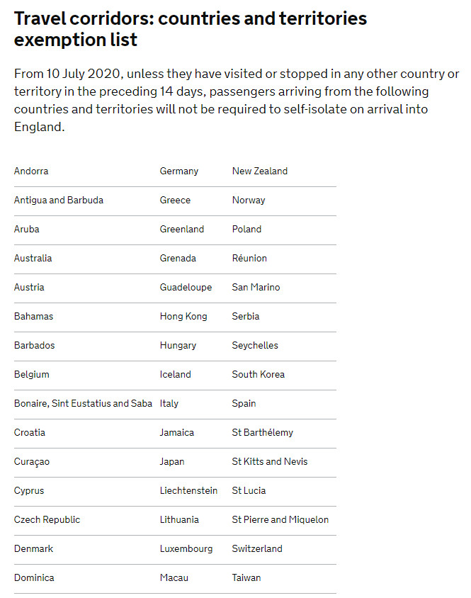 ▲▼英國政府最新一波的解禁名單，將台灣列為豁免14天居家檢疫國家之一。（圖／翻攝自gov.uk）
