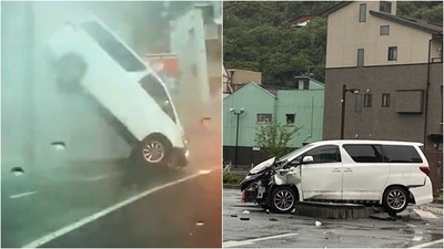 地面冒井噴！岐阜暴雨「休旅車整台被掀飛」　車頭全爛