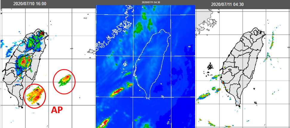 ▲▼圖：昨(10)日16時雷達回波合成圖顯示岀「假波(AP)」(左圖)。今(11日)晨4：30紅外線雲圖顯示，台灣上空有少量的高層雲(中圖)；4：30雷達回波合成圖則顯示，海峽南部有零散的降水回波(右圖)。（圖／翻攝洩天機教室網站）