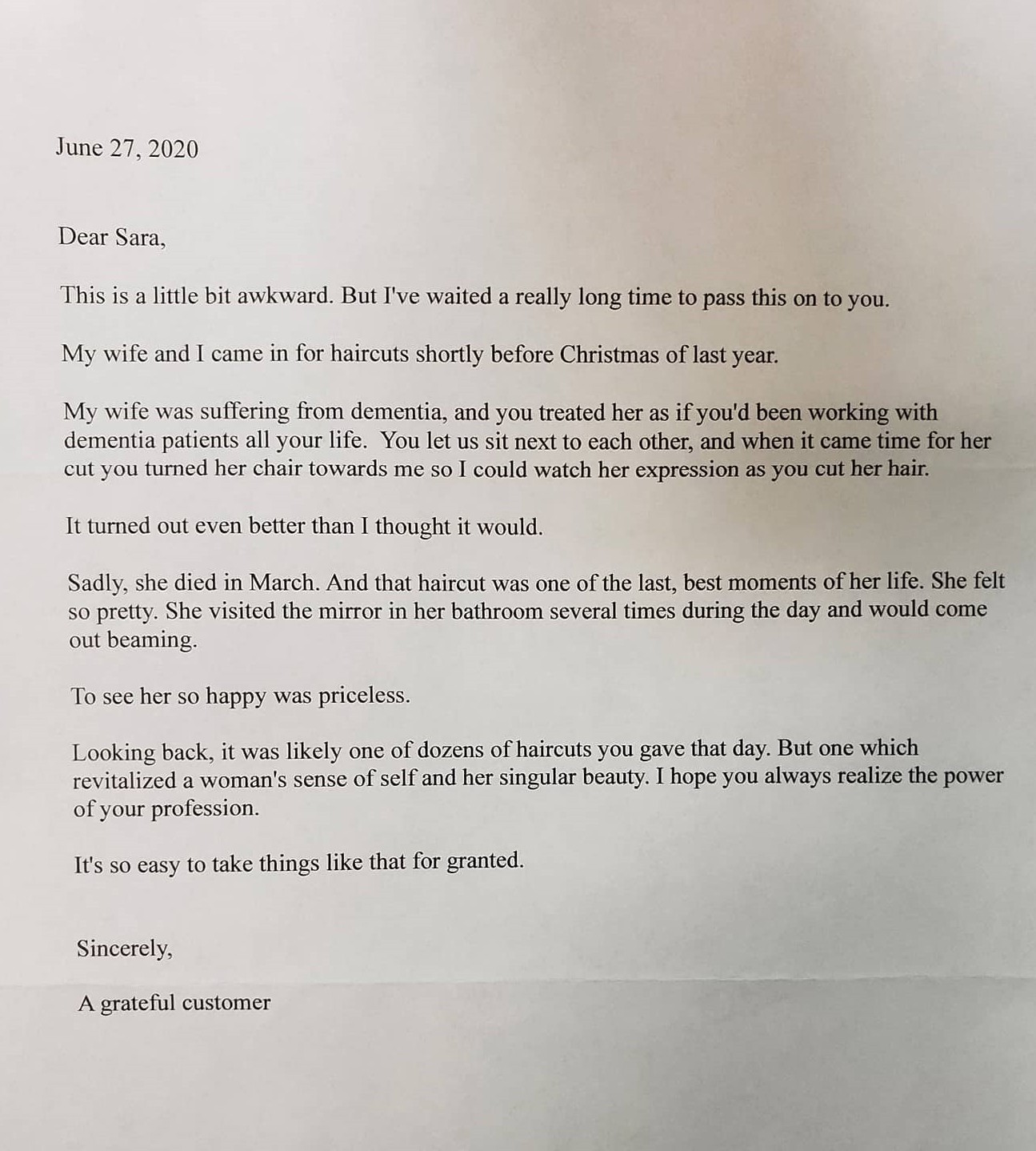 ▲▼美國一位失業髮型師收到一封匿名感恩信。（圖／翻攝自Facebook／Sara Verkuilen）