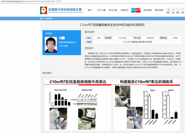 ▲▼雲南小6生參家科學競賽報告內容為，對突變基因C10orf67在結直腸癌中的功能解析。（圖／取自大陸全國青少年創新大賽網站）