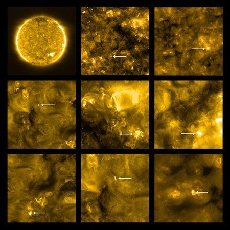 ▲科學家透過太陽軌道載具（Solar Orbiter），拍攝出史無前例最近太陽照，而白色箭頭指著的就是小閃焰。（圖／取自美國太空總署NASA）