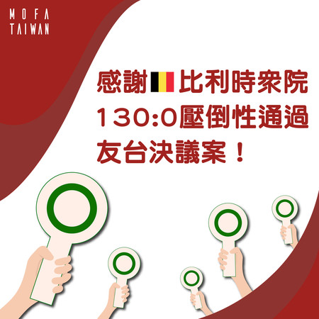 ▲▼比利時眾院以130:0壓倒性通過「台灣的國際地位」決議案。（圖／翻攝自Facebook／外交部）