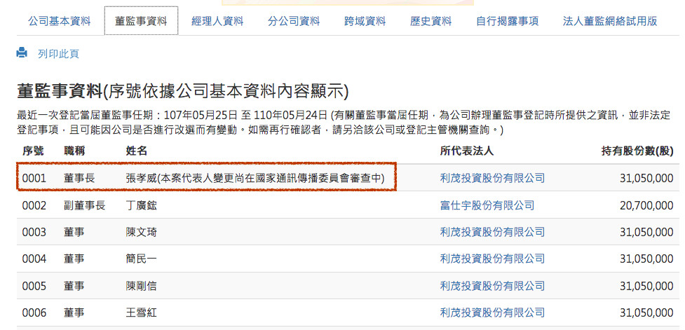 ▲▼經濟部公司登記資料顯示，TVBS董事在NCC審議中（圖／翻攝經濟部網站）