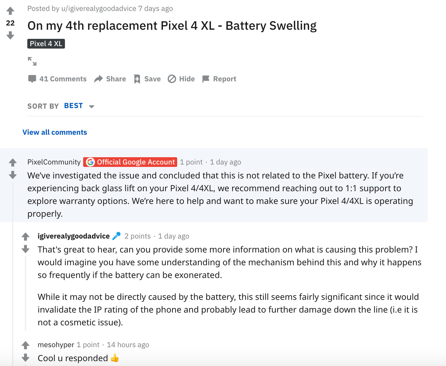 ▲▼Google認為，Pixel 4 XL背蓋脫落事件與電池膨脹無關。（圖／翻攝自reddit）