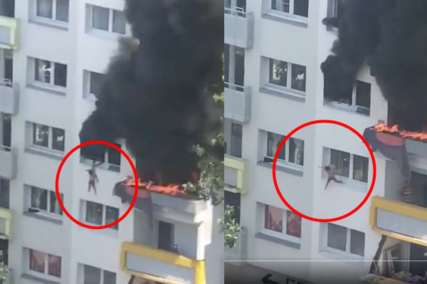 ▲▼火燒公寓2童跳下4樓 路人群集成功救援。（圖／翻攝自推特／@almuariza）
