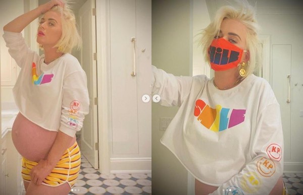 儘管身懷六甲，凱蒂佩芮還是為了新專輯推出了官方授權服裝，也少不了口罩。（翻攝自Katy Perry官方Instagram）