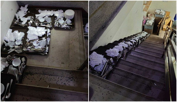 網友爆料任職的酒店，餐具放在髒污的樓梯間備用。（圖／翻攝自Dcard）