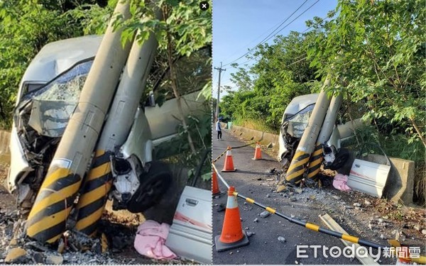 ▲彰化廂型車自撞...他慘遭煞車踏板「插穿小腿」爆血命危！車體全撞爛搶救中。（圖／記者李忠憲翻攝）