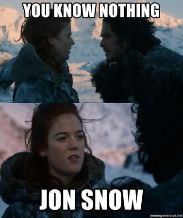 劇中Ygritte（火吻）對男主瓊恩雪諾（囧雪）臨死所言「You konw nothing, Jon Snow」，被創造出許多哏圖。（翻攝自迷因產生器）