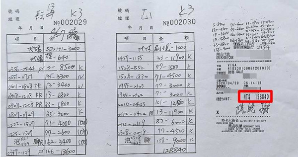 Long Stay的8天7夜中，陳前理事長一天就消費了12萬多元，並在隔天早上刷卡付帳。（圖／讀者提供）