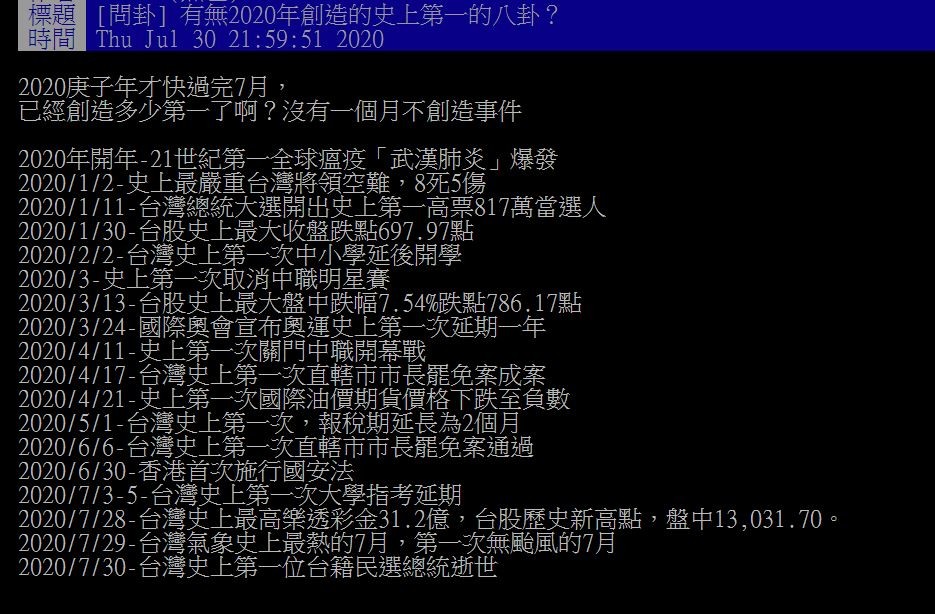 ▼網友整理出2020年台灣大事。（圖／翻攝自PTT）