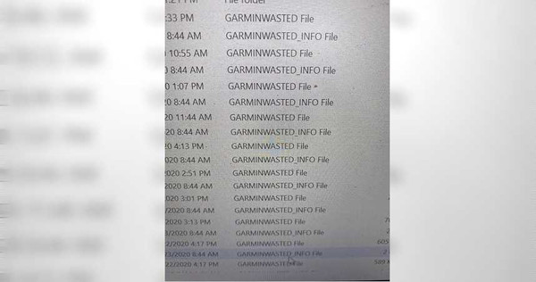 外媒透過管道拿到Garmin內部電腦檔案遭綁架的畫面，副檔名都變成GARMINWASTED。（圖／翻攝自BleepingComputer）