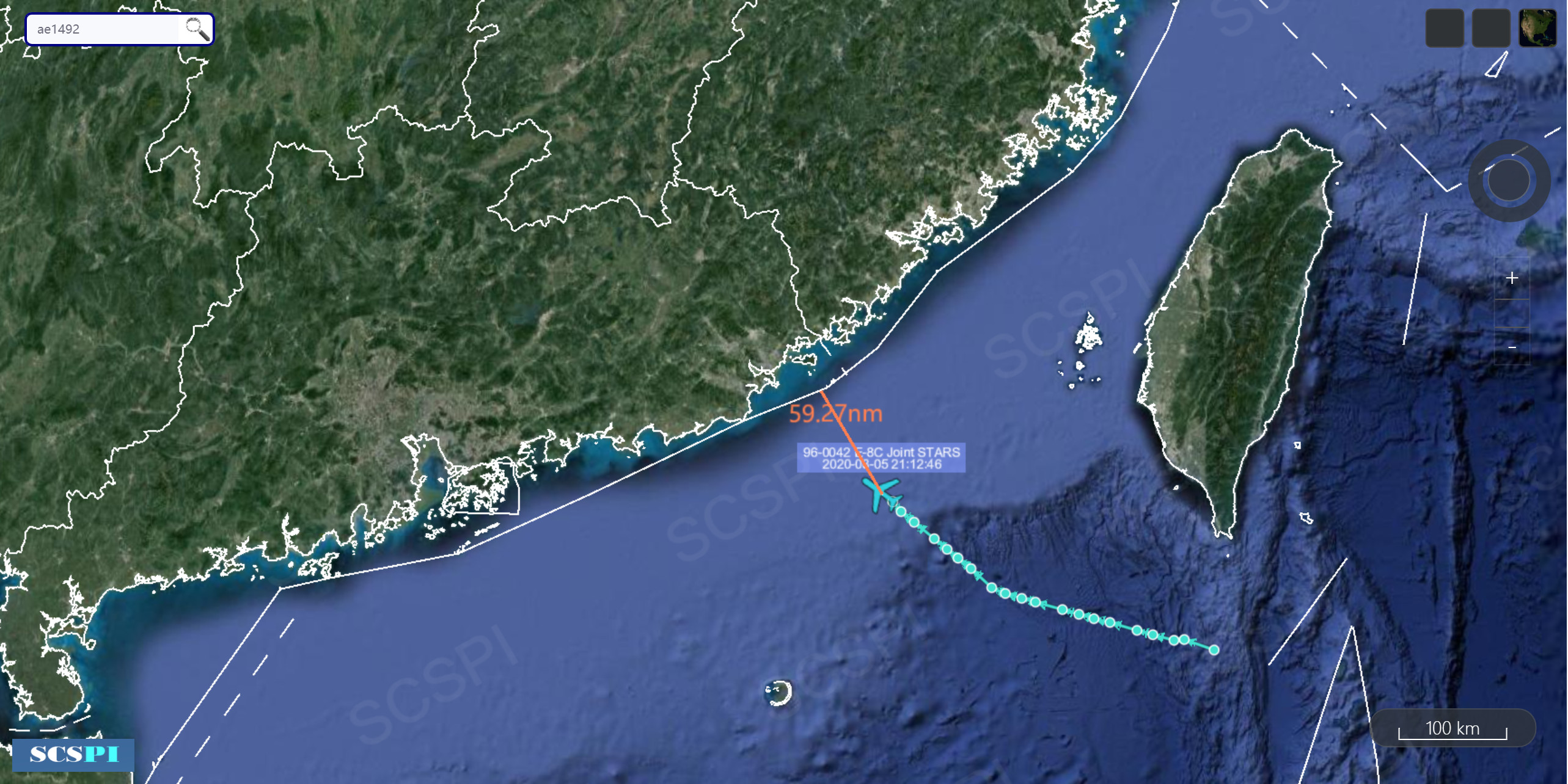 罕見逼近中國領海！　美軍機E-8C「首次廣東近空夜間偵查」航跡圖曝光。（圖／翻攝SCS Probing Initiative推特）