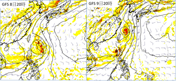 ▲▼最新(6日20時)美國(GFS)模式模擬顯示，8日20時「熱帶擾動」在菲律賓東方明顯發展(左圖)。模擬動向大致沿菲律賓東方海面，向北通過台灣東側海面(右圖)，繼續北上。。（圖／翻攝「三立準氣象· 老大洩天機」）