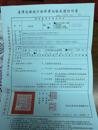 死者翁彩鳳的死亡原因鑑定報告。（圖／葉博文提供）