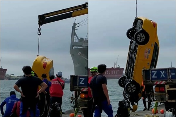 ▲▼高雄港區，計程車墜海打撈。（圖／翻攝爆料公社）