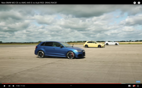 ▲M2 CS、AMG A45 S、Audi RS3德系性能車拼直線。（圖／翻攝自Youtube／Carwow）