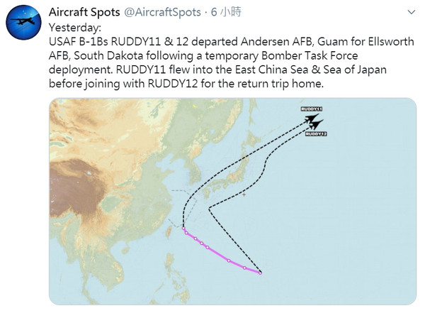 ▲▼美軍轟炸機繞道東海再返回美國本土。（圖／翻攝自Twitter／AircraftSpots）