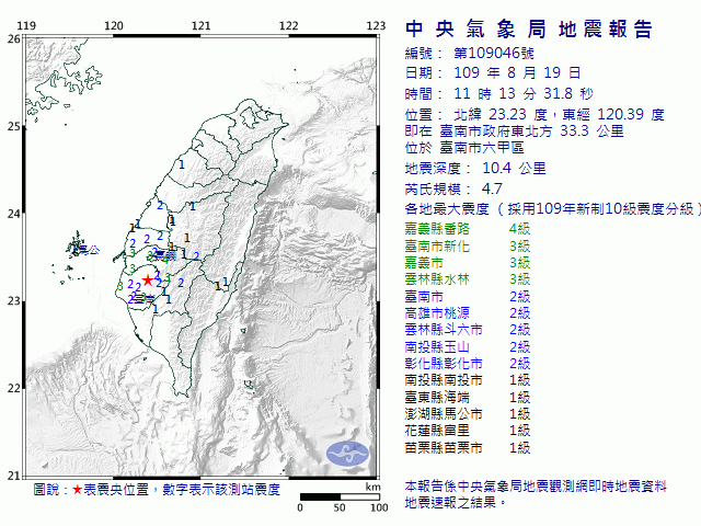 ▲▼1113台南4.7地震。（圖／中央氣象局）
