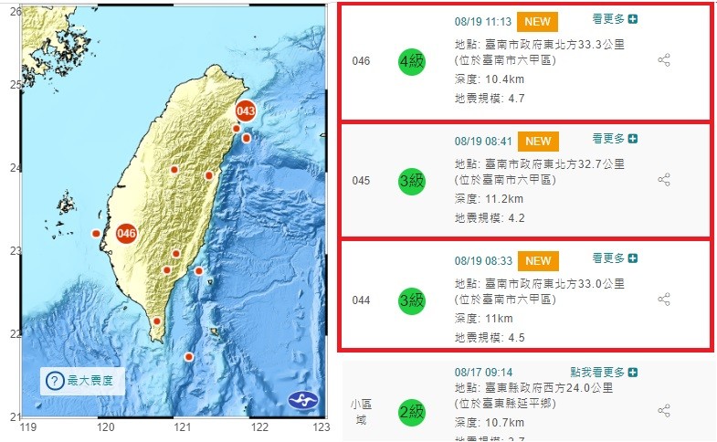 ▲▼台南六甲今天發生連3起地震。（圖／中央氣象局）