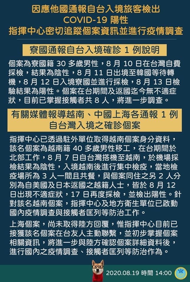 ▲▼因應他國通報自台入境旅客檢出COVID-19陽性，指揮中心密切追蹤個案資訊並進行疫情調查。（圖／翻攝自Facebook／衛生福利部）