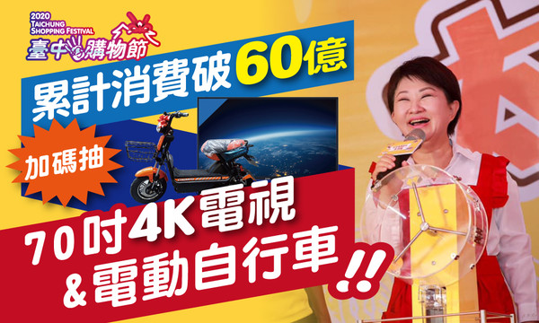 ▲台中購物節登錄金額將破60億元，市府加碼送電視、電動自行車。（圖／台中市政府提供）