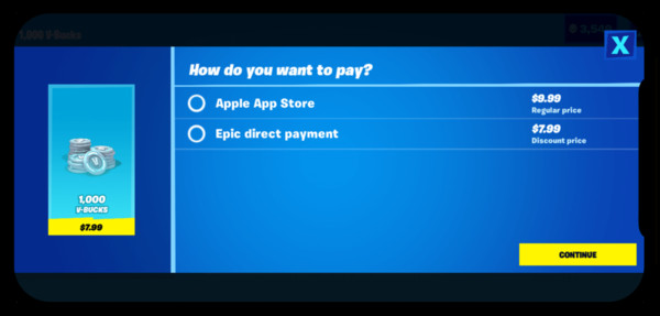 「Epic Direct Payment」不用經過蘋果的付費機制，因此能提供玩家更優惠的價格。（翻攝自Twitter）