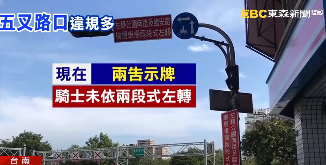 台南五叉路口超複雜　「騎士跟著汽車左轉」8人遭攔與警爆口角。（圖／東森新聞）