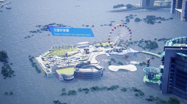2050年颱風過境時，大半台北市都將被水淹沒。（圖／綠色和平組織提供）