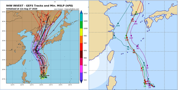 ▲▼最新(27日20時)美國(GEFS)系集模式模擬(左圖)，及多國模式模擬(右圖)皆顯示，「梅莎」大致通過琉球至宮古島一帶、經東海、再轉向東北往韓國方向，直接侵襲台灣的機率很低。（圖／翻攝三立準氣象· 老大洩天機）