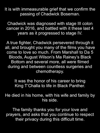 黑豹男主角查德威克鮑斯曼病逝。（Chadwick Boseman推特）