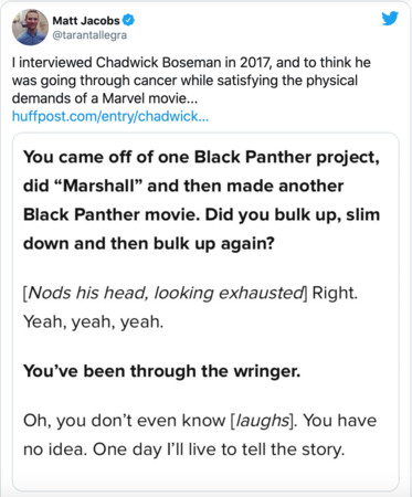 ▲▼《黑豹》男主角查德威克鮑斯曼3年前暗示罹癌。（圖／翻攝自Twitter／Matt Jacobs）