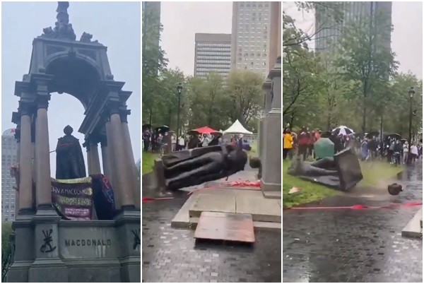 ▲▼加拿大首任總理約翰•麥克唐納（John A. Macdonald）雕像被推倒。（圖／翻攝自Twitter／@noreornot）